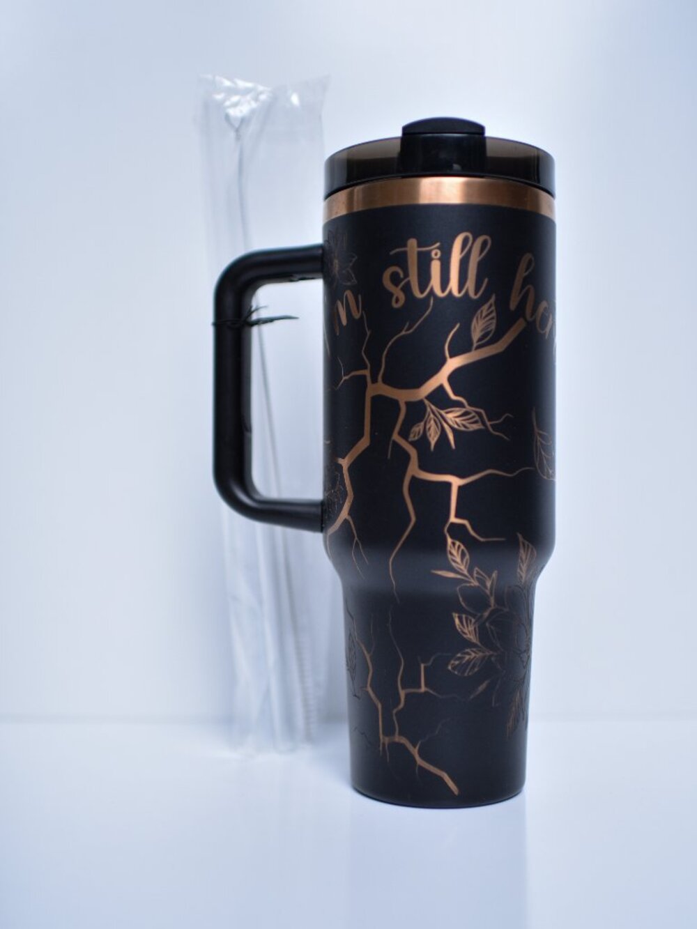 40oz black & gold botanical Laser engraved travel tumbler with handle